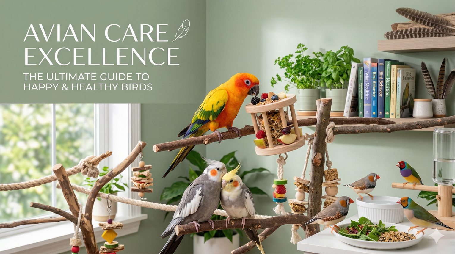 Diverse pet birds foraging in a safe indoor habitat — expert bird care guides at LovingPetsGuide