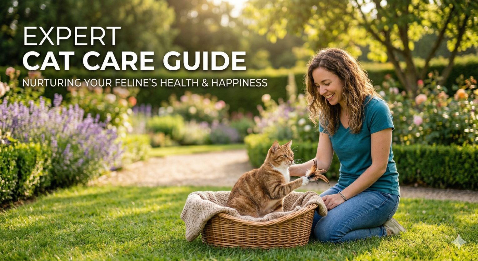 Woman playing with a cat outdoors in a sunny garden — expert cat care guides at LovingPetsGuide