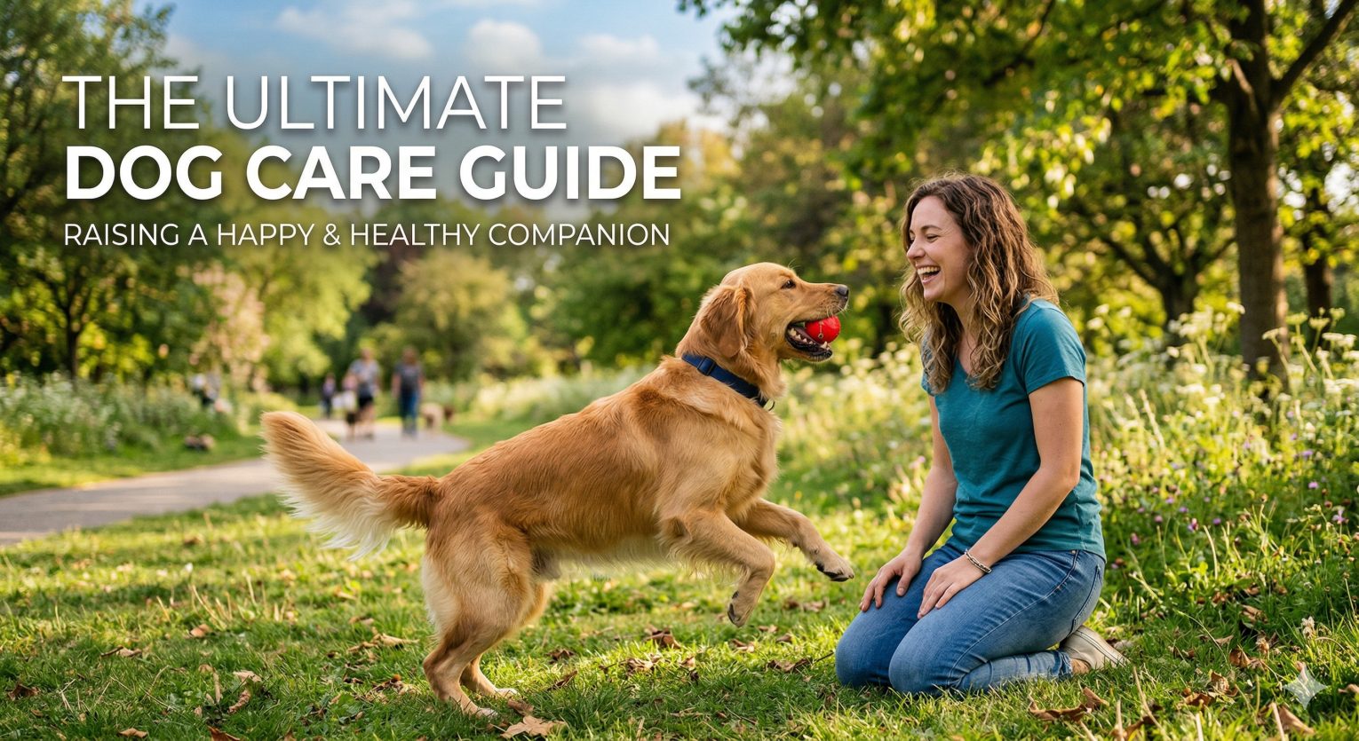 Woman playing fetch with a golden retriever in a sunny park — expert dog care guides at LovingPetsGuide