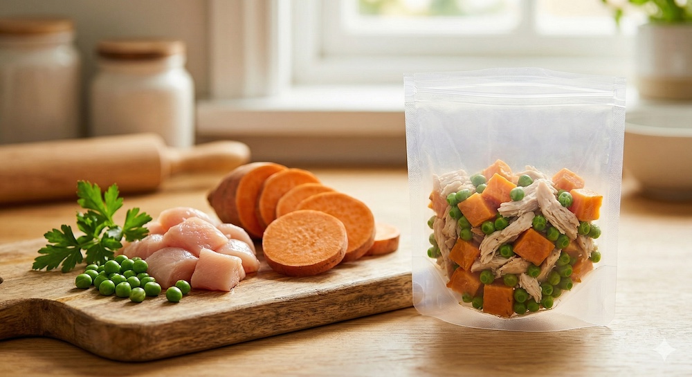 Fresh, human-grade ingredients—chicken and sweet potatoes—on a rustic wooden board with a delivery pouch, set in a cozy, modern kitchen