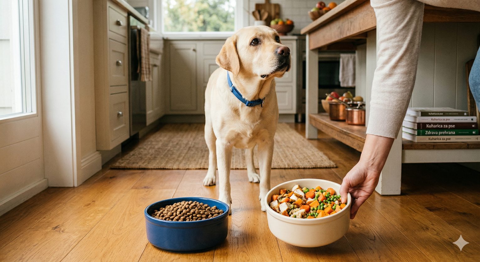 Person serving a bowl of fresh dog food with vegetables next to a bowl of dry kibble to a waiting Labrador in a kitchen