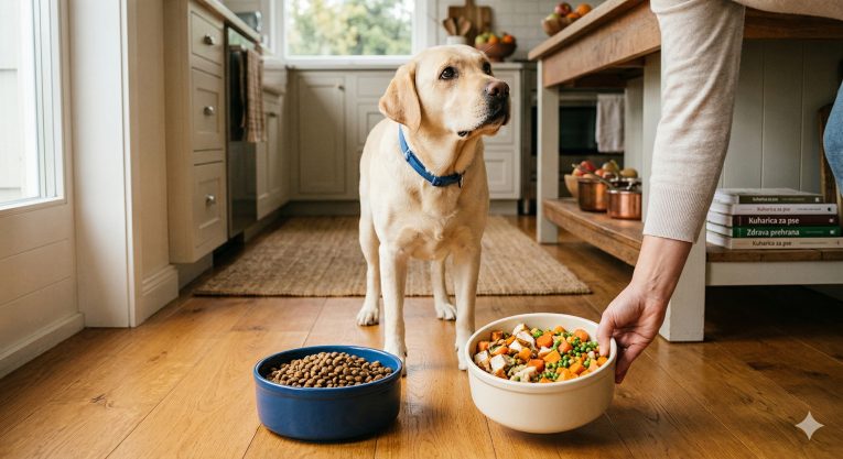 Person serving a bowl of fresh dog food with vegetables next to a bowl of dry kibble to a waiting Labrador in a kitchen