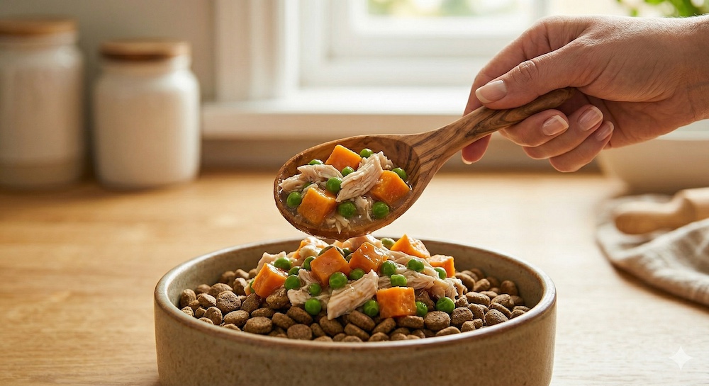 Close-up of a human hand adding a spoonful of fresh dog food as a meal topper into a bowl of dry kibble