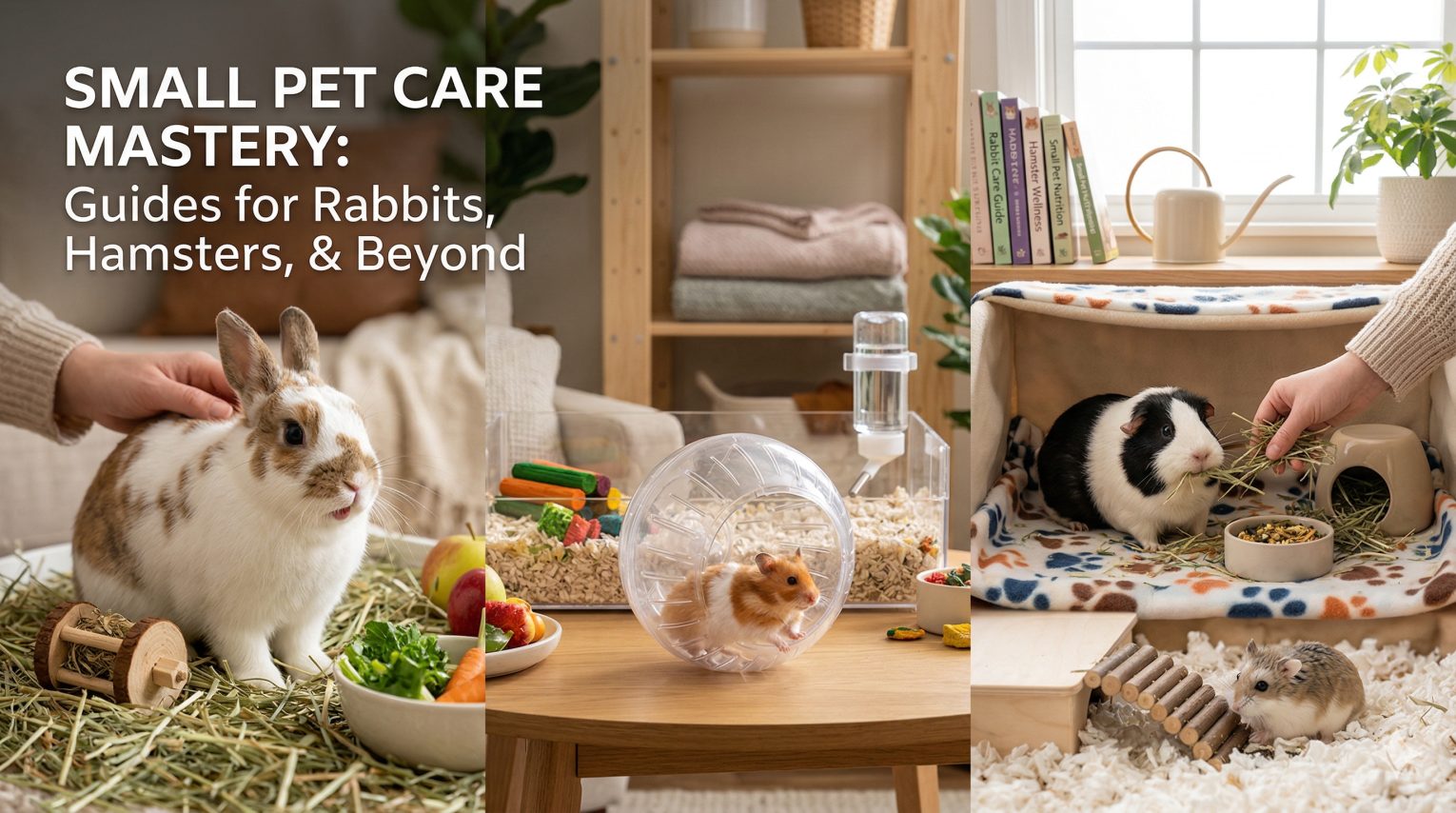 Rabbit, hamster, and guinea pig side by side — expert small pet care guides at LovingPetsGuide