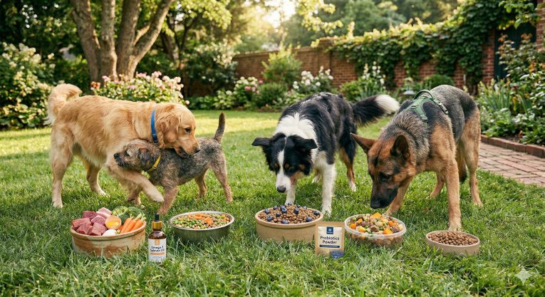 A variety of dogs in a garden, sniffing bowls showing raw meat, carrots, berries, and kibble, next to bottles of salmon oil and probiotics supplements
