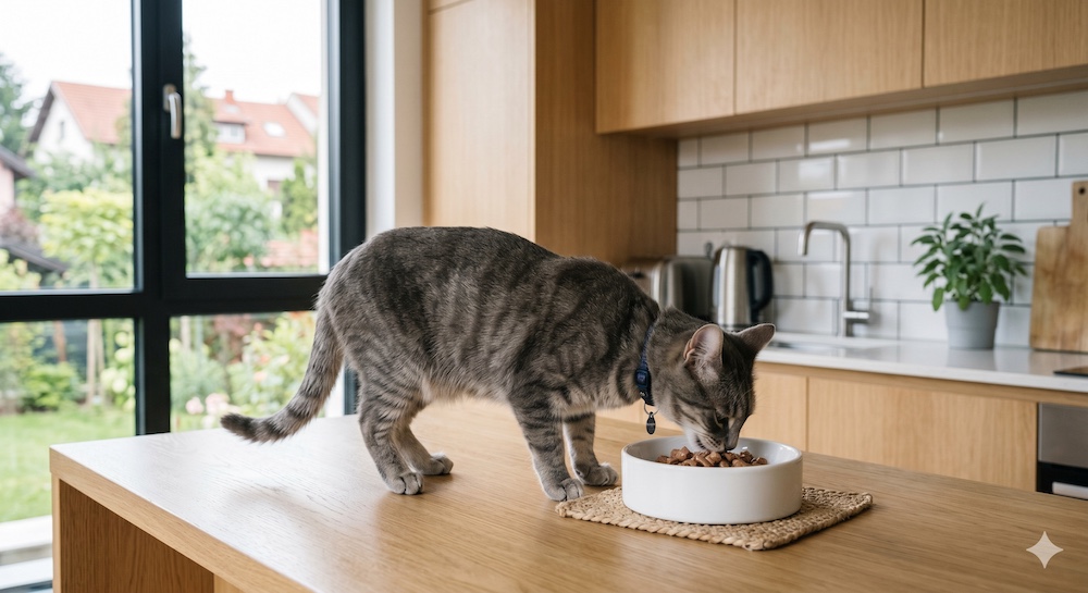 Healthy adult cat eating a precisely portioned wet food meal from a ceramic bowl, representing ideal body condition and consistent feeding routine