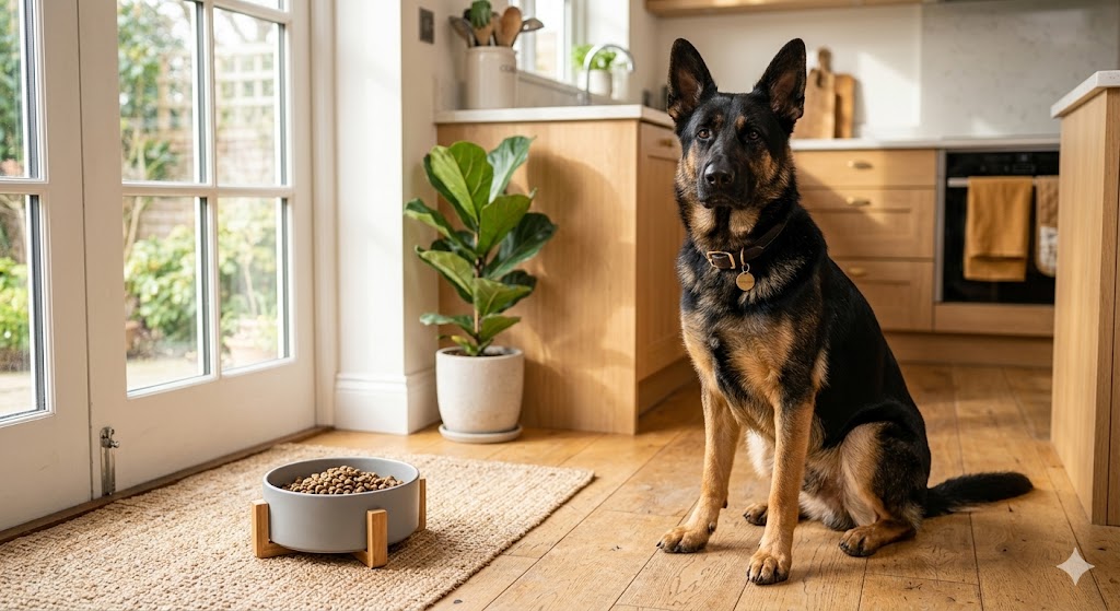 Healthy, fit adult dog sitting patiently next to a precisely portioned food bowl, representing a consistent daily feeding routine