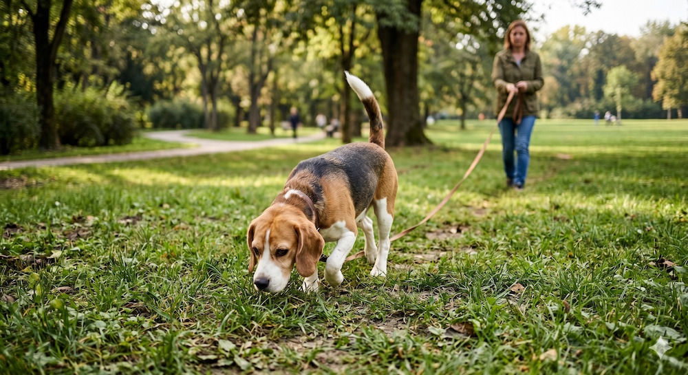 Beagle with nose to the ground following a scent trail in a park, showing the breed's powerful scent-driven focus