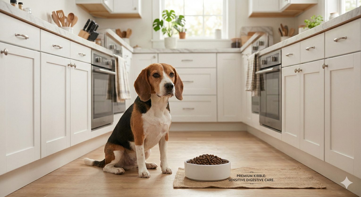 A dog sitting next to a clean ceramic bowl of high-quality dog food formulated for sensitive stomachs