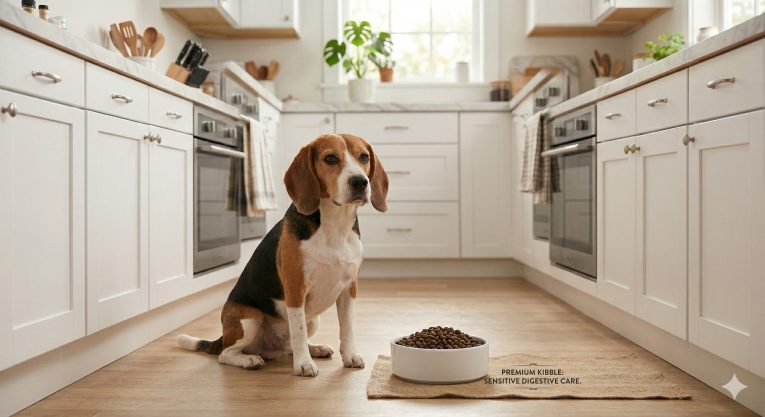 A dog sitting next to a clean ceramic bowl of high-quality dog food formulated for sensitive stomachs