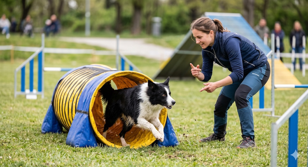 Border Collie focused intently on its owner during an agility training session in a field, demonstrating the breed's intense work drive