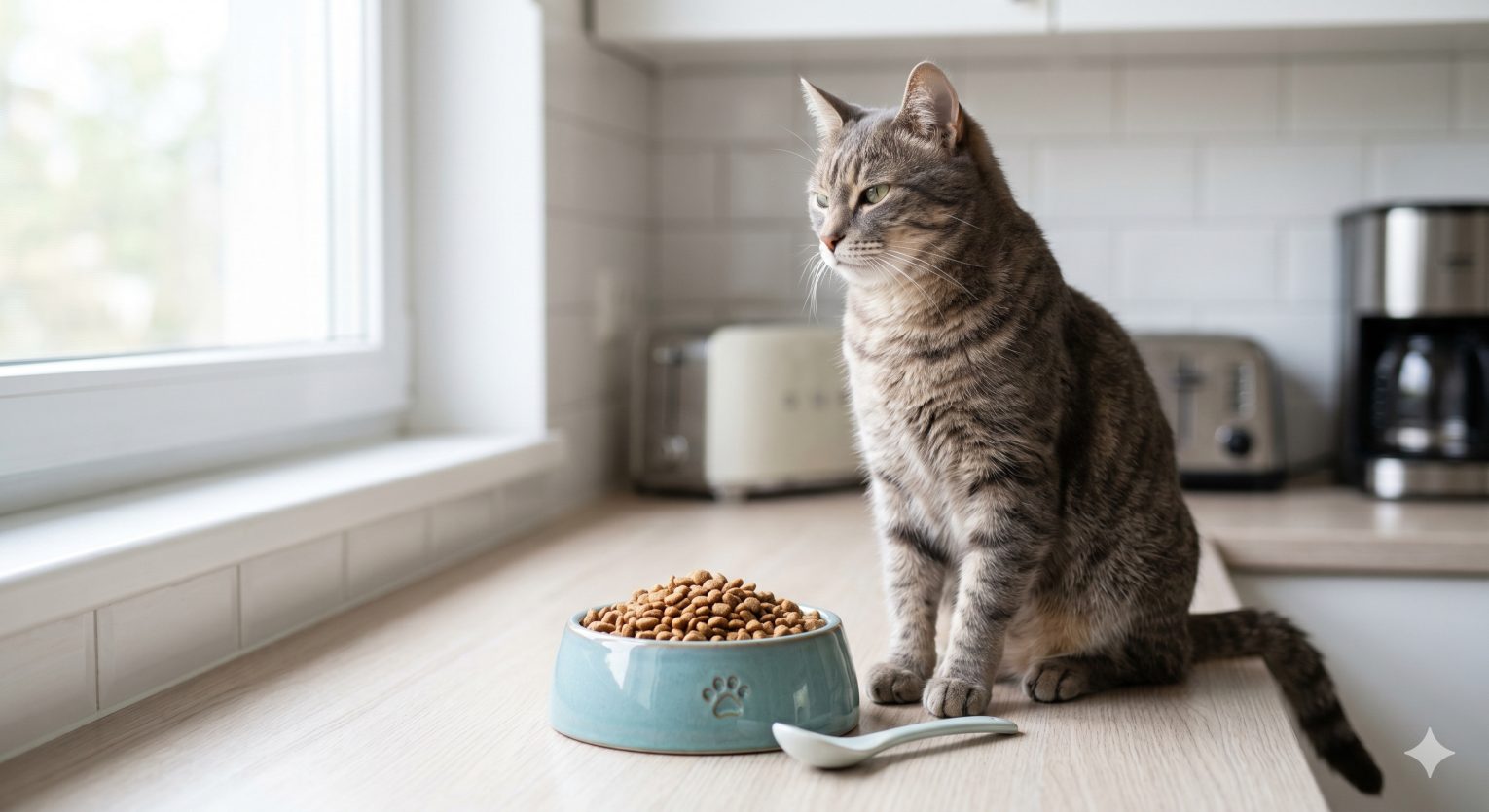 Cat sitting beside a full, untouched food bowl, representing food refusal behavior in cats