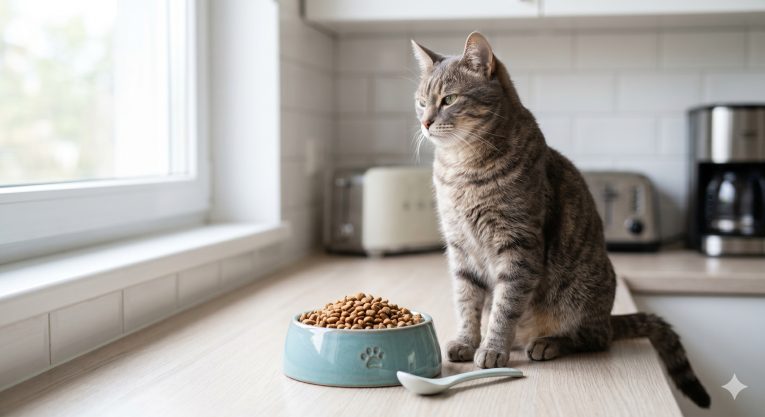 Cat sitting beside a full, untouched food bowl, representing food refusal behavior in cats