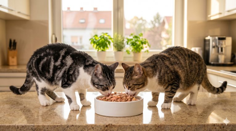 A healthy adult cats eating from a clean white ceramic bowl filled with high-quality wet cat food in a modern kitchen