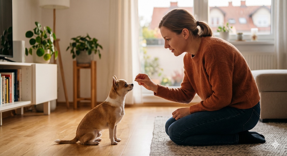 Owner kneeling down at ground level training a Chihuahua with a treat, demonstrating the importance of working at the dog's eye level