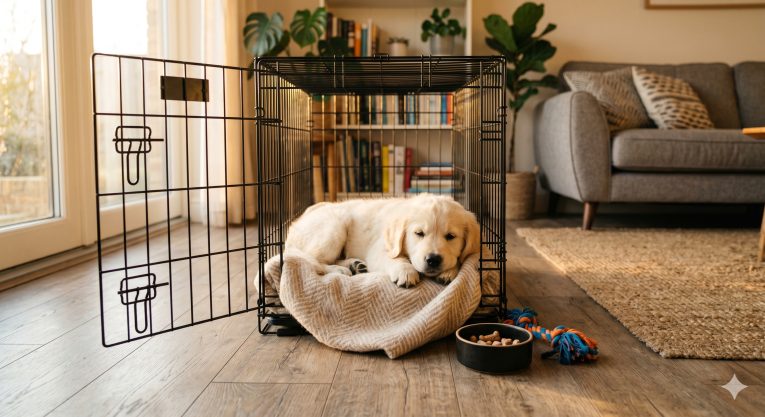Small puppy resting calmly inside an open wire crate with a soft blanket, showing a positive and comfortable crate experience