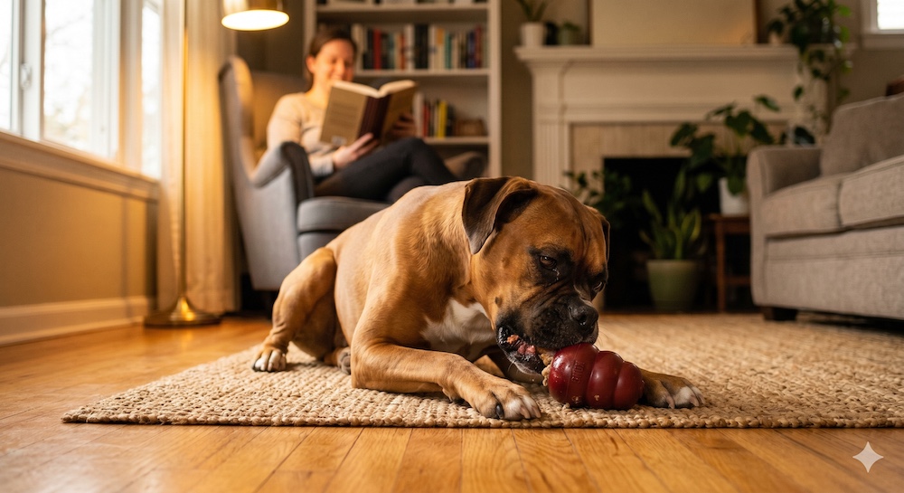 Dog contentedly chewing on a rubber Kong toy on a living room mat, showing appropriate chewing behavior