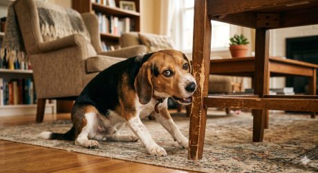 Young dog chewing on the corner of a wooden chair leg, illustrating destructive chewing behavior in dogs