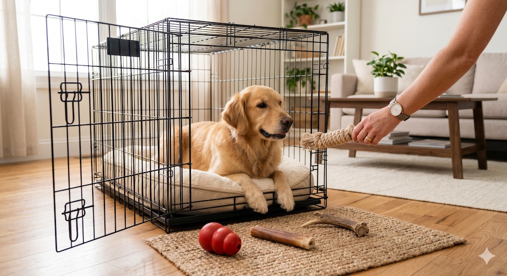 Dog resting calmly in a correctly sized crate next to a range of appropriate chew toys, illustrating the management and redirection approach