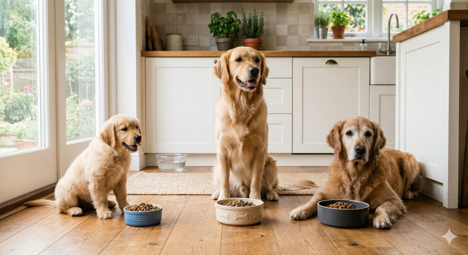 Three healthy dogs of different ages—puppy, adult, and senior—each with their food bowl, representing a complete dog feeding schedule by age