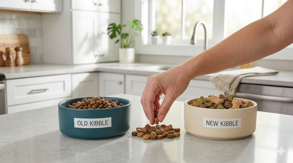 Side-by-side bowls showing gradual food transition from old to new dog food over 10 days