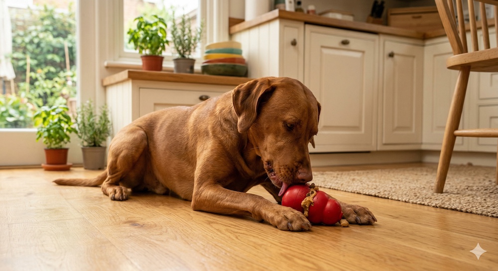 A focused dog licking a stuffed rubber Kong toy to relieve boredom and improve mental enrichment