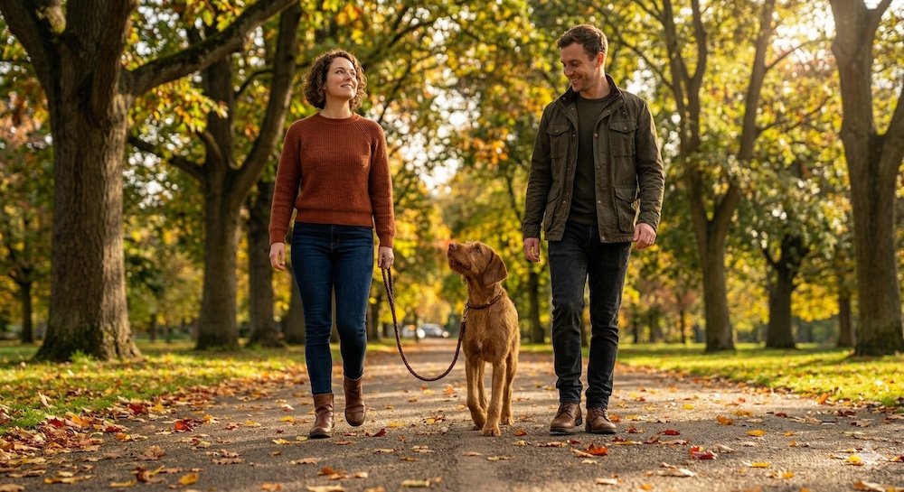 Happy dog walking calmly on a loose leash beside its owner on a quiet street
