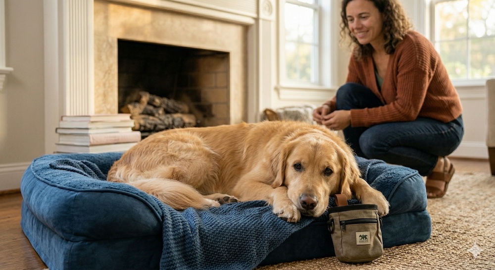 A well-behaved dog relaxing calmly on a training mat, demonstrating the place command