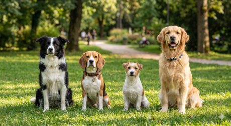 Four dogs of different breed types—a Border Collie, Beagle, Jack Russell Terrier, and Golden Retriever—sitting together, representing the diversity of breed training needs