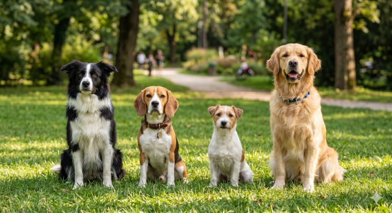 Four dogs of different breed types—a Border Collie, Beagle, Jack Russell Terrier, and Golden Retriever—sitting together, representing the diversity of breed training needs