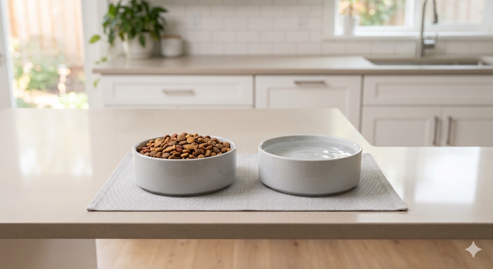 Bowl of dry cat food kibble on a kitchen surface next to a full water bowl, highlighting the importance of hydration alongside dry food