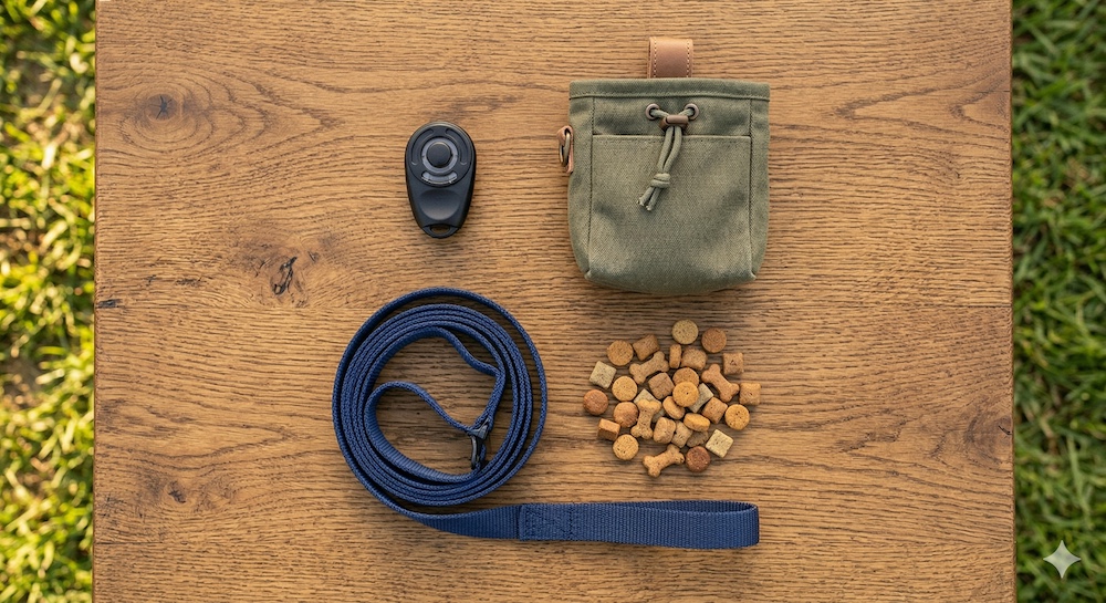 Essential dog training tools laid out, including a clicker, leash, treat pouch, and training treats