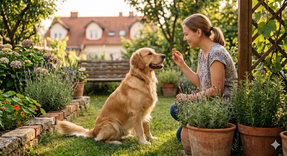 Golden Retriever sitting attentively during a training session with its owner in a garden, demonstrating the breed's eager-to-please nature