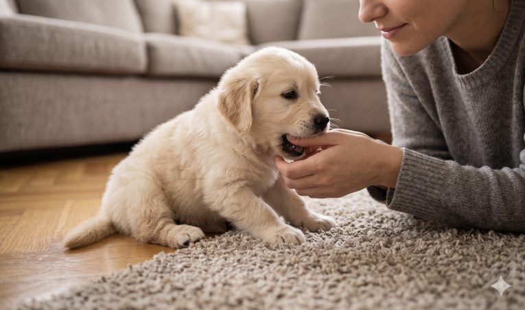 Young puppy mouthing a person's hand during play, illustrating normal puppy biting behavior that needs redirecting
