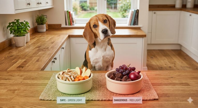 Golden Retriever looking at safe and toxic human foods dogs can and can't eat, like chicken and chocolate