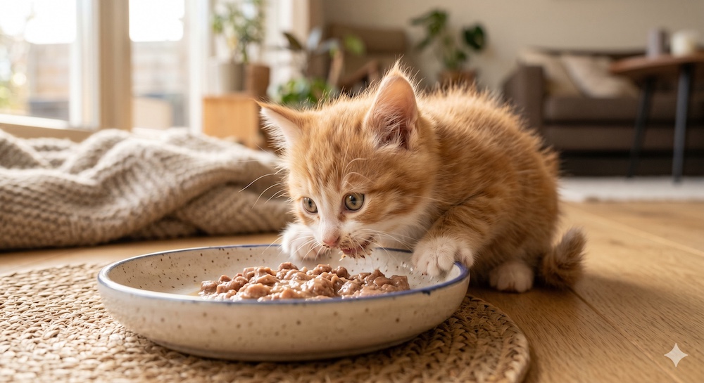 Small kitten eating wet food from a shallow bowl, representing the importance of moisture-rich nutrition in the first year