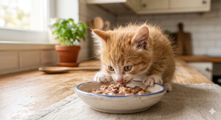 Young kitten eating eagerly from a small shallow bowl, representing the high nutritional needs of cats in their first year of life