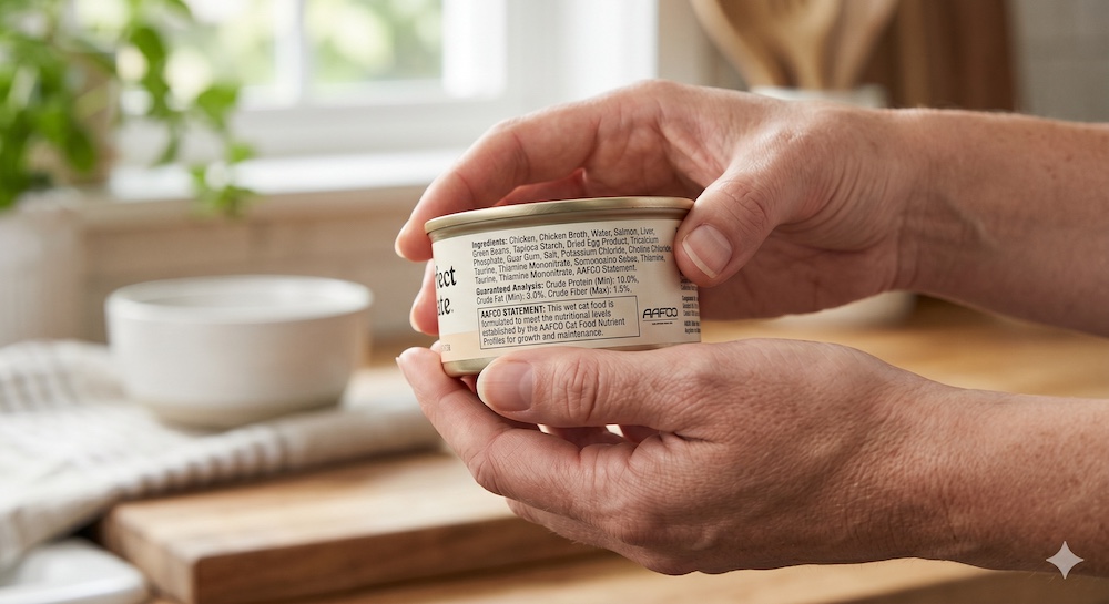 Close-up of hands reading a kitten food can label showing the AAFCO statement, ingredient list, and guaranteed analysis