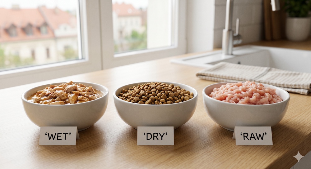 Three bowls side by side showing the three main kitten food types—wet food, dry kibble, and raw food—representing the different diet options available for kittens