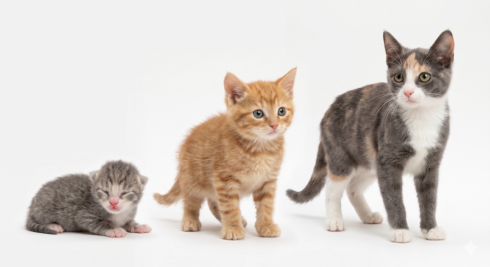 Three kittens at different growth stages— newborn, 8 weeks, and 6 months—representing the different nutritional needs at each phase