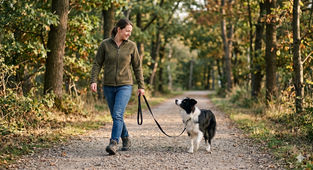 Owner calmly changing direction during a training walk while dog follows on a loose leash, demonstrating the change of direction method