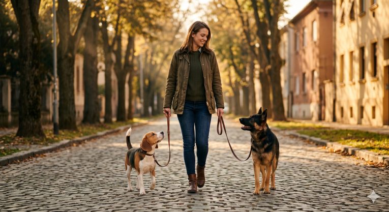 Owner walking calmly with a dogs on a loose leashes on a quiet tree-lined street, demonstrating successful leash training