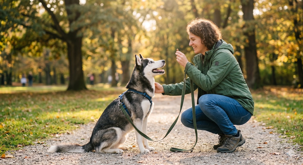 Owner rewarding their dog with a treat during a successful loose-leash walking training session in a park