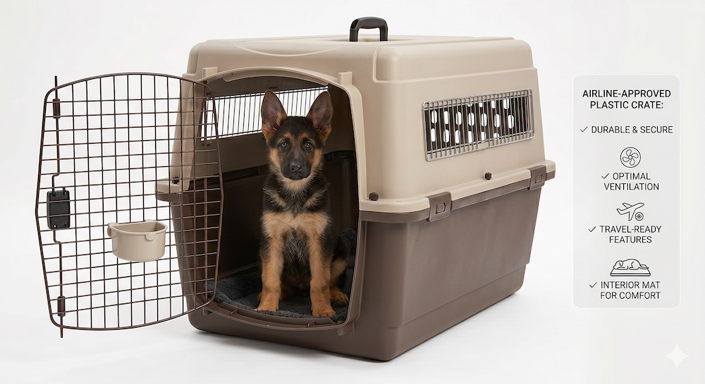 German Shepherd puppy settled inside a plastic airline-style crate, showing the enclosed den-like environment