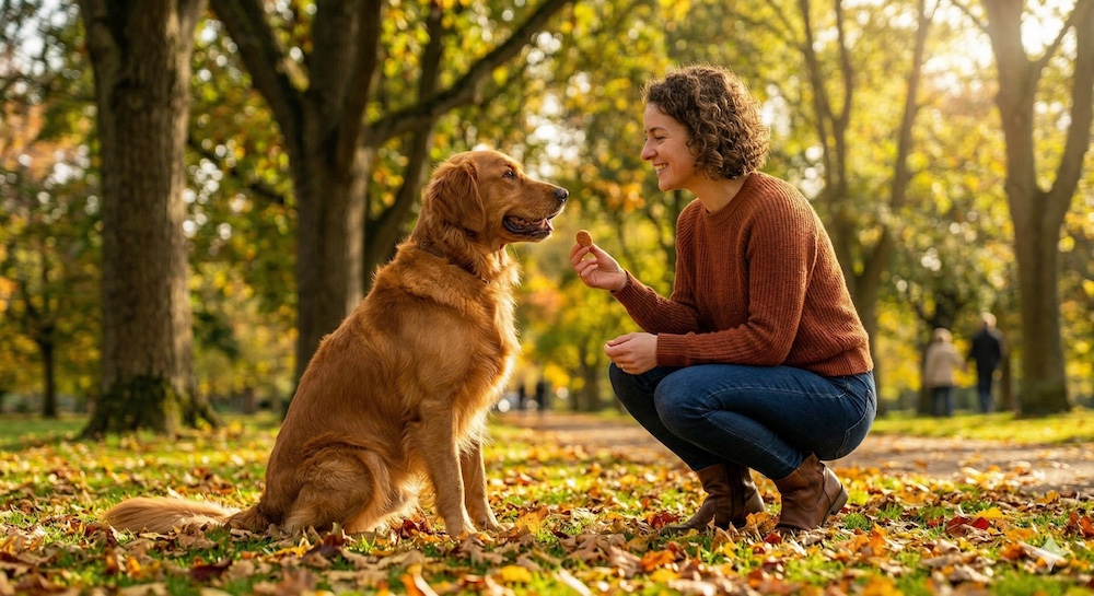 Happy dog receiving a treat from its owner during a positive reinforcement training session