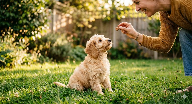 Young puppy sitting obediently outside on grass after successfully going to the bathroom