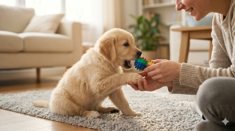 Owner redirecting a puppy from biting hands to an appropriate rubber chew toy
