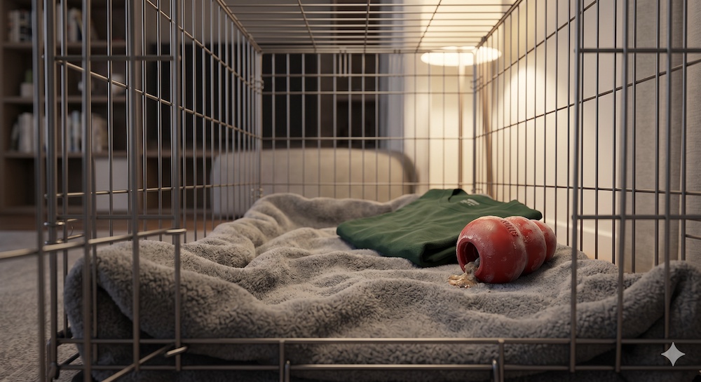 Inside of a properly set up puppy crate showing a soft blanket, frozen Kong toy, and a worn clothing item for comfort