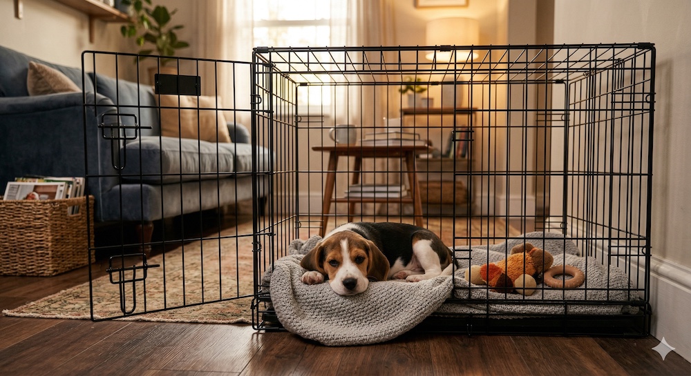 Small puppy resting comfortably inside an open wire crate with a soft blanket