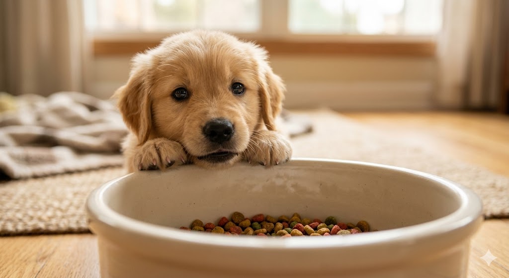 Cute puppy looking eagerly over a dog food bowl, representing the need for frequent daily meals
